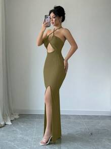 Breezaya 女士性感露背系带镂空高开叉超长紧身连衣裙 - 軍綠色 - 查看 5