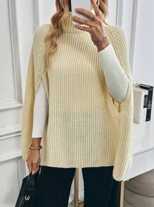 SHEIN Unity 1 Stück Pullover mit Rollkragen, Strickpullover mit Seitenschlitzen und Cape, Strickpullover für Herbst und Winter - Beige - Übersicht 5