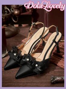 Dola Lovely 女士高跟鞋，纯粉色蕾丝蝴蝶结尖头露跟平底鞋，四季凉鞋 - 黑色 - 查看 3