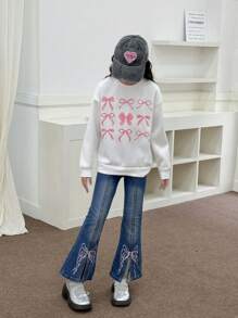Tween Girls Bow Embroidered Side Split Flared Jeans, Retro Flare Jeans For Tween Girls - Medium Wash - View 8