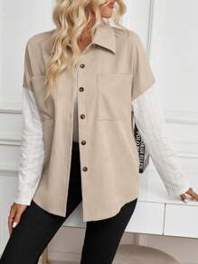 Chiquease Detachable Knit Patterned Corduroy Loose Shirt - Multicolor - View 4