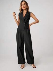 SHEIN Tall Women's Solid Color Double Breasted Simple Vest Pants Office Wear Two Pieces Set Autumn