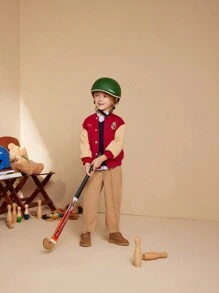 PrepCrw Young Boys' Autumn/Winter Collegiate Style Burgundy And Khaki Embroidered Letter Knitted Fleece Patchwork Crew Neck Jacket, Back-To-School - Multicolor - View 9