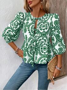 Breezaya Front Tie Neck All-Over Print Ruffle Hem Blouse - Green - View 5