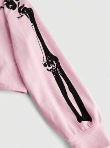 ROMWE Grunge Punk Áo nỉ trùm đầu in hình đầu lâu xương sọ cỡ lớn - Hồng - Xem 4