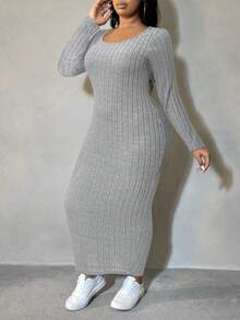 SHEIN SXY 大码女式休闲灰色纯色罗纹针织长袖紧身连衣裙，秋冬 - 灰色 - 查看 3