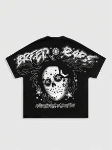 ROMWE MEN Street Life 男士休闲卡通字母印花短袖 T 恤，夏季 - 黑色 - 查看 1