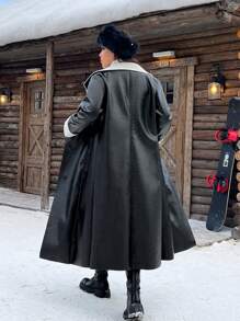 SHEIN EZwear Plus Size Women Winter Long Sleeve PU Leather Casual Extra Long Fur Lining Coat