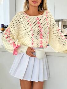 EURMUSE Women Hollow Out Ribbon Pattern Lantern Sleeve Chunky Pullover - White - View 4