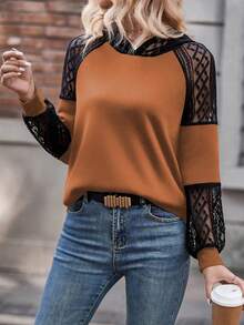 SHEIN LUNE 女式秋季撞色蕾丝插肩袖宽松连帽衫 - 棕色 - 查看 3