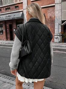 SHEIN Unity Femmes Manteau rembourré à manches courtes, zipper avant, couleur unie, vêtements décontractés pour l'hiver et l'automne