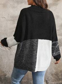 SHEIN LUNE Plus Size Color Patchwork Stand Collar Long Sleeve Pullover Casual Sweater Knit Pullover Fall Winter - Multicolor - View 2