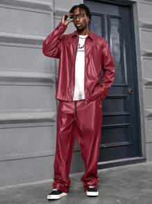 PAVTROS Men's Solid Color Zip Up Long Sleeve Shirt & Drawstring Pocket Long Pants Casual Suit - Burgundy - View 3