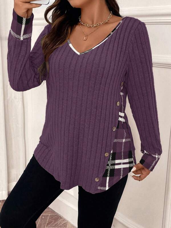 EMERY ROSE Plus Size V-Neck Plaid Printed Long Sleeve Ribbed T-Shirt Tees Women Tops For Spring