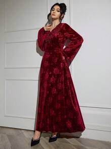 Al Najma 勃艮第红女士天鹅绒压花 3D 花朵端庄长袖连衣裙 - 酒紅色 - 查看 4