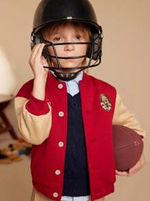 PrepCrw Young Boys' Autumn/Winter Collegiate Style Burgundy And Khaki Embroidered Letter Knitted Fleece Patchwork Crew Neck Jacket, Back-To-School - Multicolor - View 6