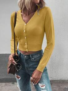 SHEIN LUNE Áo Cardigan lửng cài nút phía trước màu trơn giản dị mùa thu - Màu vàng - Xem 3