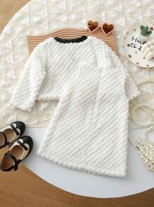 SHEIN 2 件套女婴拼色毛绒无袖连衣裙和夹克套装，秋冬 - 白色 - 查看 16