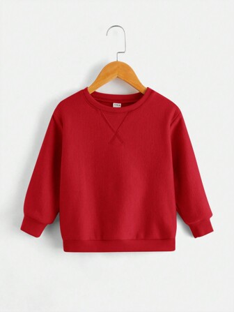 SHEIN Young Boy Plain Collar Detail Round Neck Long Sleeve Casual Everyday T-Shirt, Suitable For Autumn/Winter