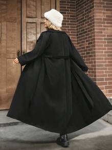 SHEIN EZwear 大码女式翻领超长系带风衣，秋冬款 - 黑色 - 查看 2