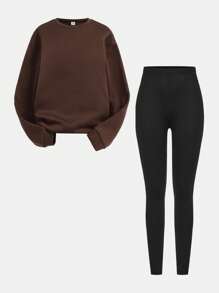 Teen Girls' 2024 Autumn/Winter Transitional Casual Daily Active Sports Collegiate Basic Round Neck Pullover Sweatshirt & Cycling Pants 2pcs Set