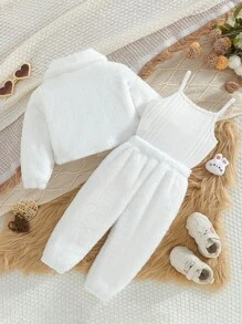 SHEIN Playful Pals 3pcs Baby Girls' Autumn/Winter Set: Turndown Collar Utility Jacket, Solid Color Tank Top, And Long Pants, Suitable For Outdoor Daily Wear Baby Girl Winter Sets - White - View 2