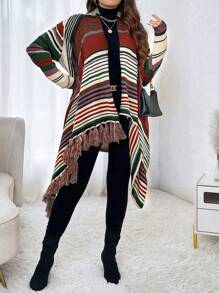 Calvaya Cárdigan casual holgado de manga larga a rayas y remiendo con flecos en el bajo para mujer de talla grande, otoño