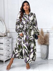 Celure Plus Size Women's Full Print Puff Sleeve Tie Waist Dress, Spring/Autumn - Olive Green - View 4