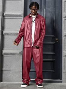 PAVTROS Men's Solid Color Zip Up Long Sleeve Shirt & Drawstring Pocket Long Pants Casual Suit - Burgundy - View 4