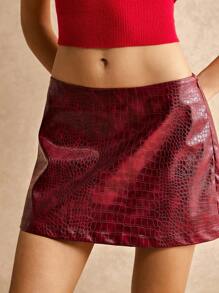 Poéselle Women's Fall Sexy Vintage Leather Red Low Waist Mini Skirt