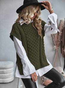 EMERY ROSE Women Casual Solid Color Side Slit Vest Sweater, Autumn - Army Green - View 6