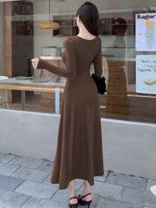 DAZY Women Solid Color Daily Wear Button Front Dress,Fall Dress Long Sleeve Dress