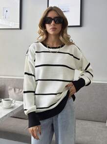 EURMUSE Women Stripe Pattern Round Neck Drop Shoulder Pullover - White - View 1