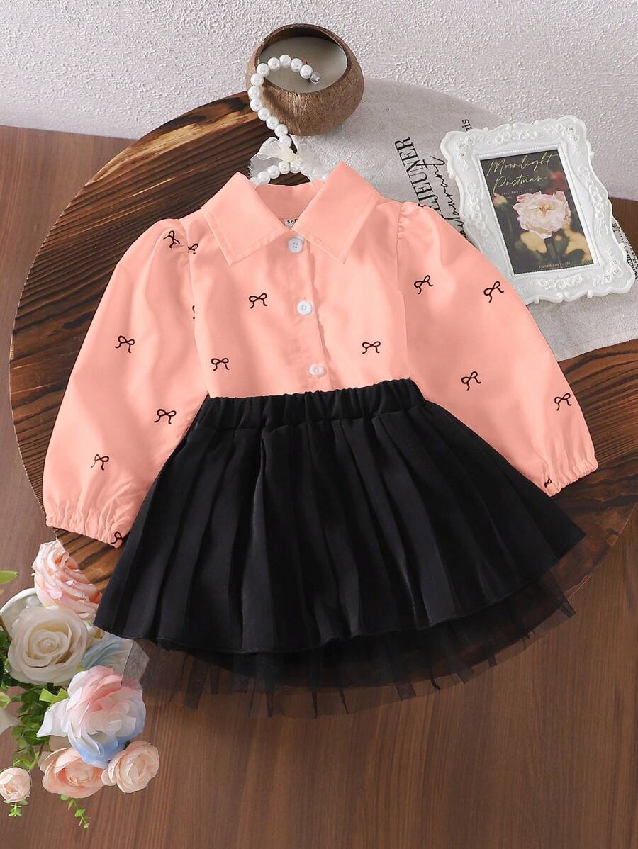 SHEIN Elladie kids 女婴 2 件套：白色蝴蝶印花衬衫和黑色百褶裙 - 粉色 - 查看 1
