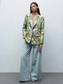 SHEIN X LOS FAVORITOS DE ANA GONZALEZ Maija 女士数码印花绿色单排扣西装外套，休闲度假装，适合圣帕特里克节、复活节、春假、音乐节等场合，秋冬季复古风尚之选。 - 綠色 - 查看 6