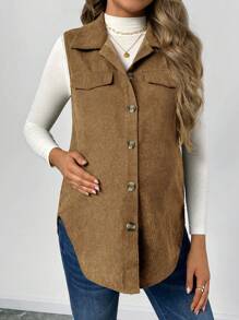 SHEIN Maternity Loose Fit Corduroy Sleeveless Vest Jacket For Autumn, Shirt Not Included, For Winter - Khaki - View 3