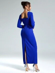 Coutiva 女士优雅针织海军蓝缀饰方领修身中长连衣裙，长袖正式晚会舞会礼服，适合婚礼嘉宾、毕业典礼、晚宴、派对礼服 - 藍色 - 查看 2