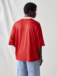 Manfinity VCAY Men's Casual Loose Printed Short Sleeve Knit Polo Shirt, Young Style - Red and White - View 2