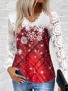 SHEIN Clasi Autumn New Snowflake Plaid Print Ruffle Patchwork Long Sleeve Women Shirt Fall Cloth For Women