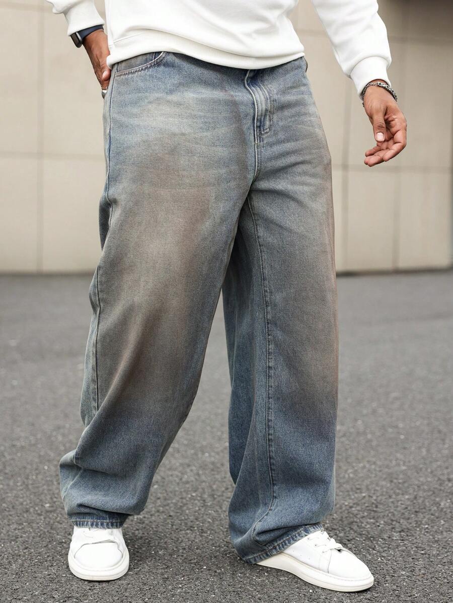 Manfinity Roughcore Pantalones vaqueros anchos y holgados lavados en azul marino para hombre de talla grande - Azul lavado oscuro - Ver 1