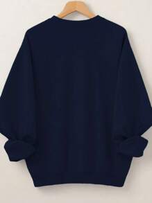 SHEIN CURVE+ 大码女式字母印花圆领运动衫 - 藏蓝色 - 查看 2