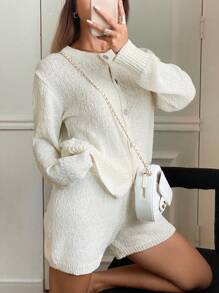 SHEIN Frenchy Bộ 2 áo len cardigan tay dài một hàng khuy đơn màu trơn cho nữ và quần short dệt kim, dành cho mùa thu - trắng - Xem 3