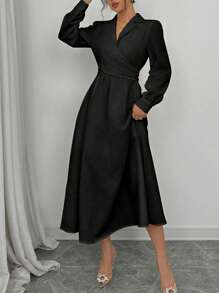 Elenzga Đầm Maxi Thời Trang Thanh Lịch Cho Nữ Đi Làm Thường Ngày Tay Dài Cổ Bẻ Nơ Chéo Màu Trơn - màu đen - Xem 3