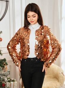 SHEIN Elegant Luxurious Glittering Gold Sequin Short Sleeve Jacket For Teenage Girls, Christmas Party Dress - Gold - View 1