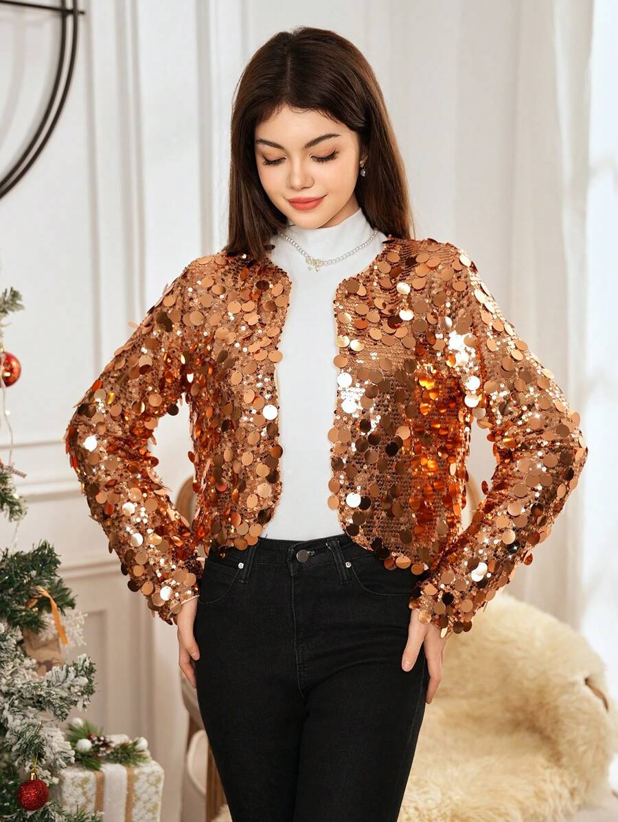 SHEIN Elegant Luxurious Glittering Gold Sequin Short Sleeve Jacket For Teenage Girls, Christmas Party Dress - Gold - View 1