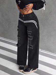 SHEIN EZwear Quần Jeans Ống Rộng Túi Sọc Cho Nữ Kiểu Dáng Thường Ngày Rộng Rãi - màu đen - Xem 6