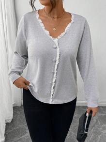 SHEIN Frenchy Grey Lace Patchwork V-Neck Loose Casual T-Shirt For Plus Size, Suitable For Leisure, Home, Can Be Paired With Jacket In Autumn/Winter - Light Grey - View 5