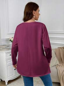 Firerie Plus Size Basic Loose Fit Drop Shoulder Round Neck Long Sleeve Solid Color Casual T-Shirt, Suitable For Home, Holiday, And Layering - Red Violet - View 5