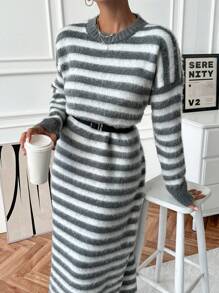 EURMUSE Casual Crew Neck Contrast Color Stripe Drop Shoulder Brushed Yarn Oversize Sweater Dress - Grey - View 2