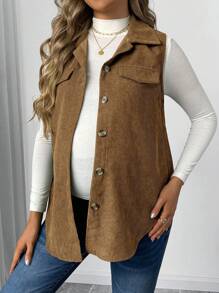 SHEIN Maternity Loose Fit Corduroy Sleeveless Vest Jacket For Autumn, Shirt Not Included, For Winter - Khaki - View 4